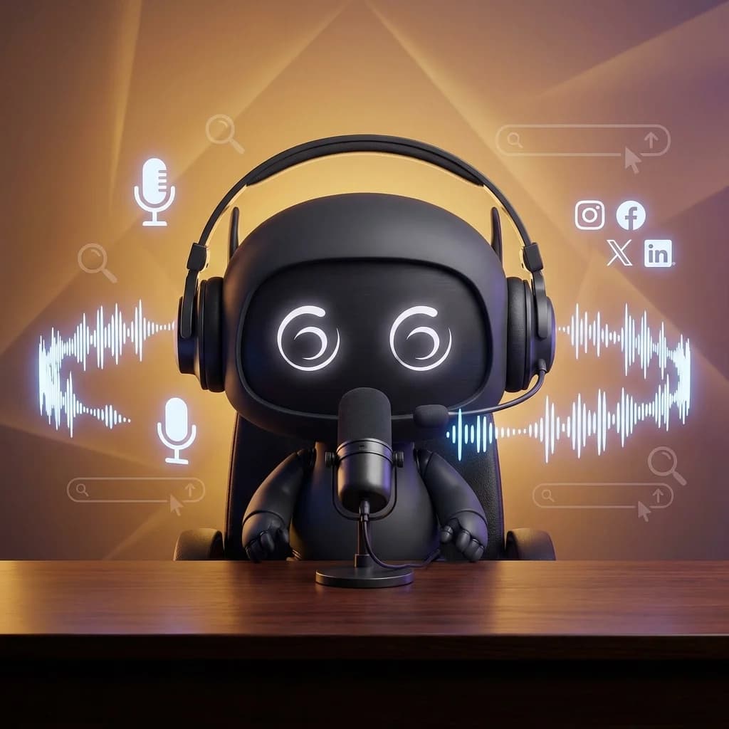 Mascot as a podcast host with audio waveforms and social media icons