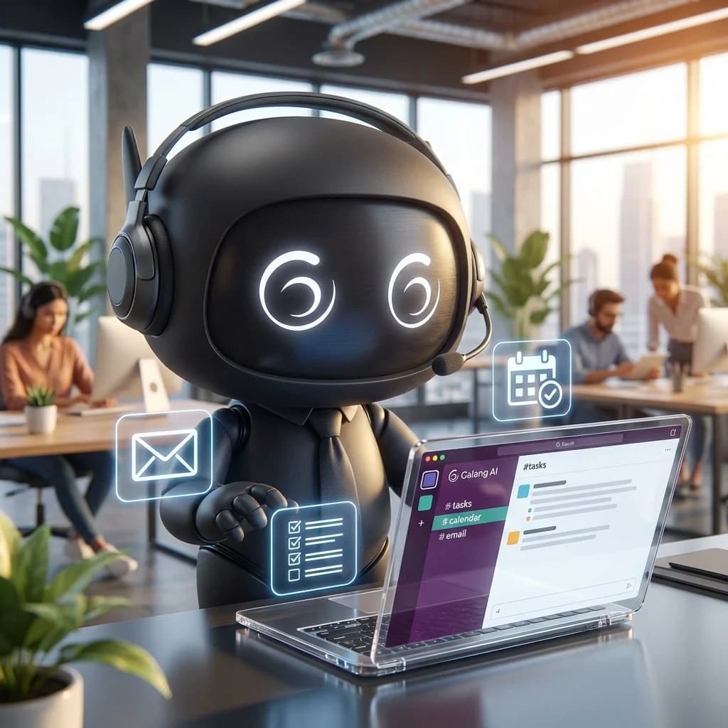 Mascot working as an executive assistant with multiple screens