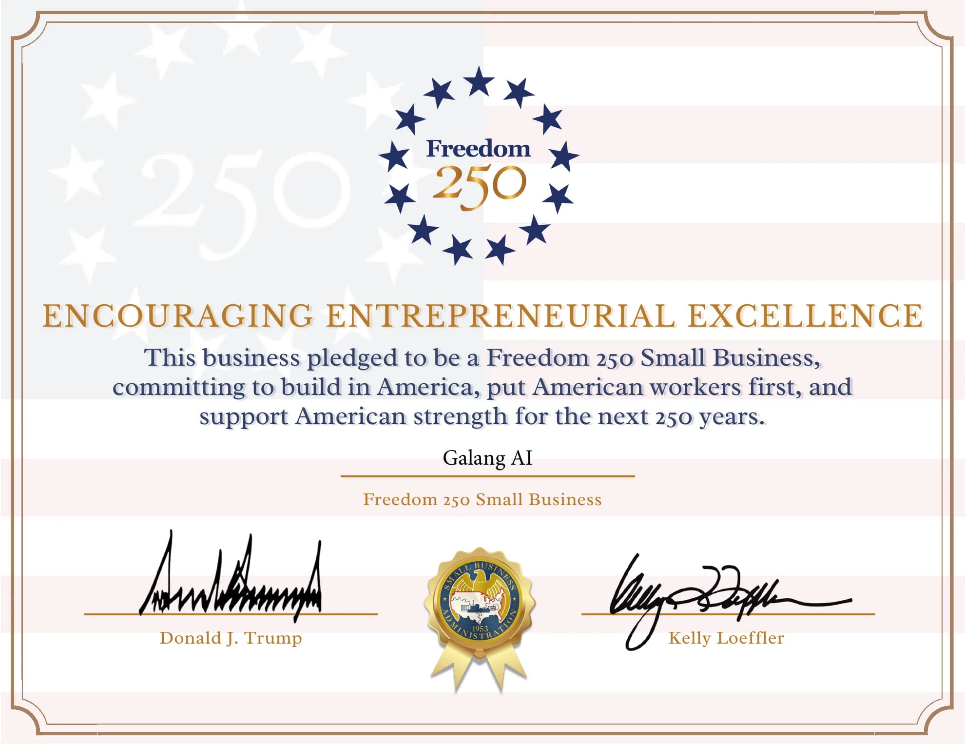 Official SBA Freedom 250 Small Business certificate issued to Galang AI
