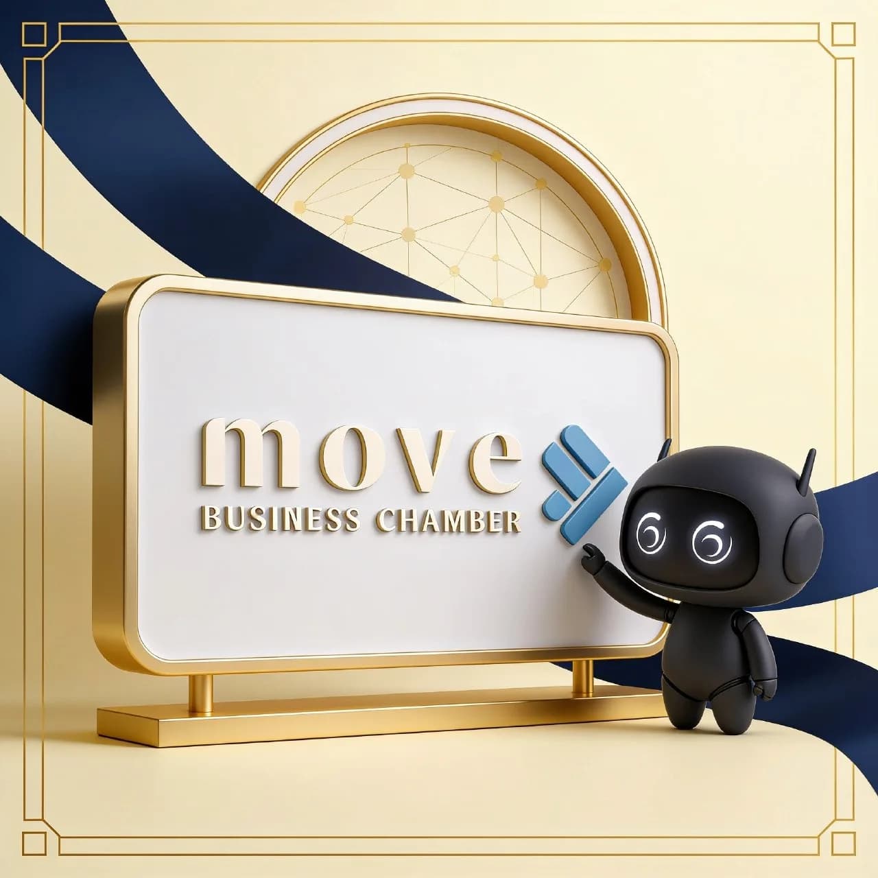 Galang AI mascot standing beside a MOVE Business Chamber sign