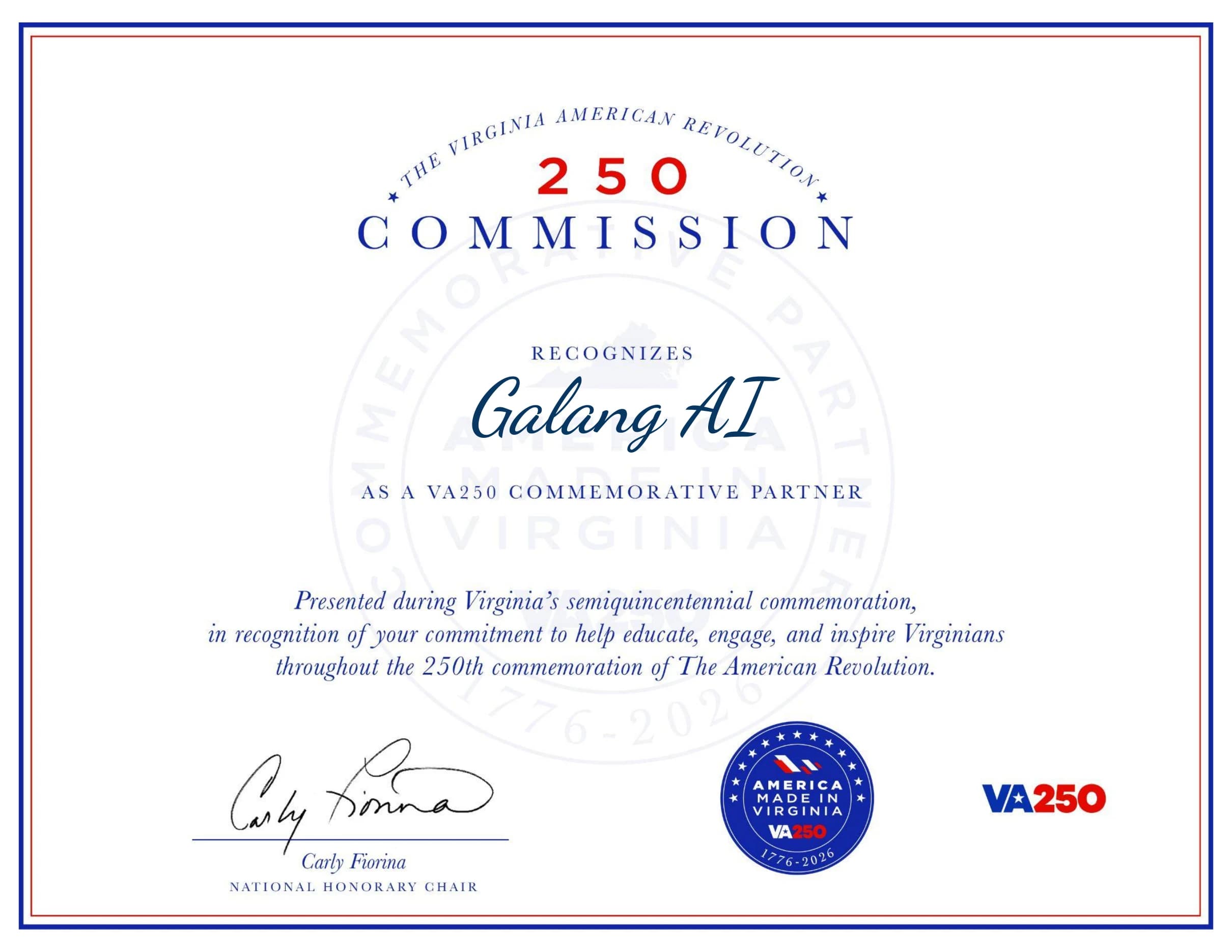 Official VA250 Commemorative Partner certificate recognizing Galang AI