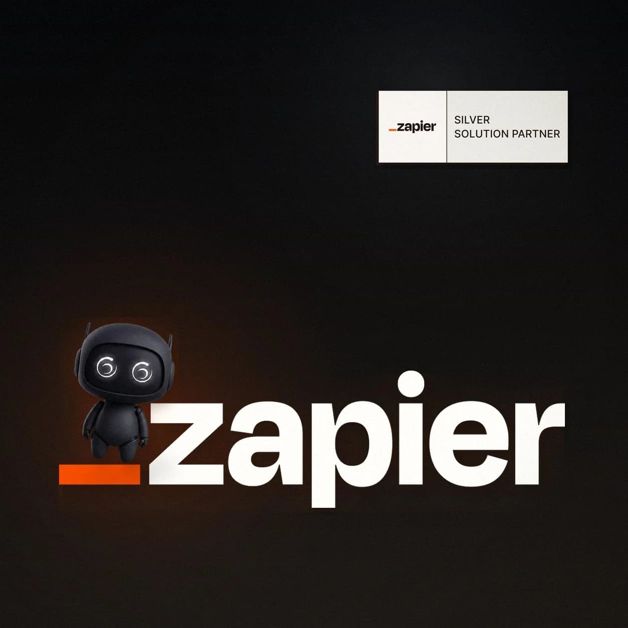 Jarbis standing on the Zapier orange line beside the Zapier wordmark with a Silver Solution Partner badge