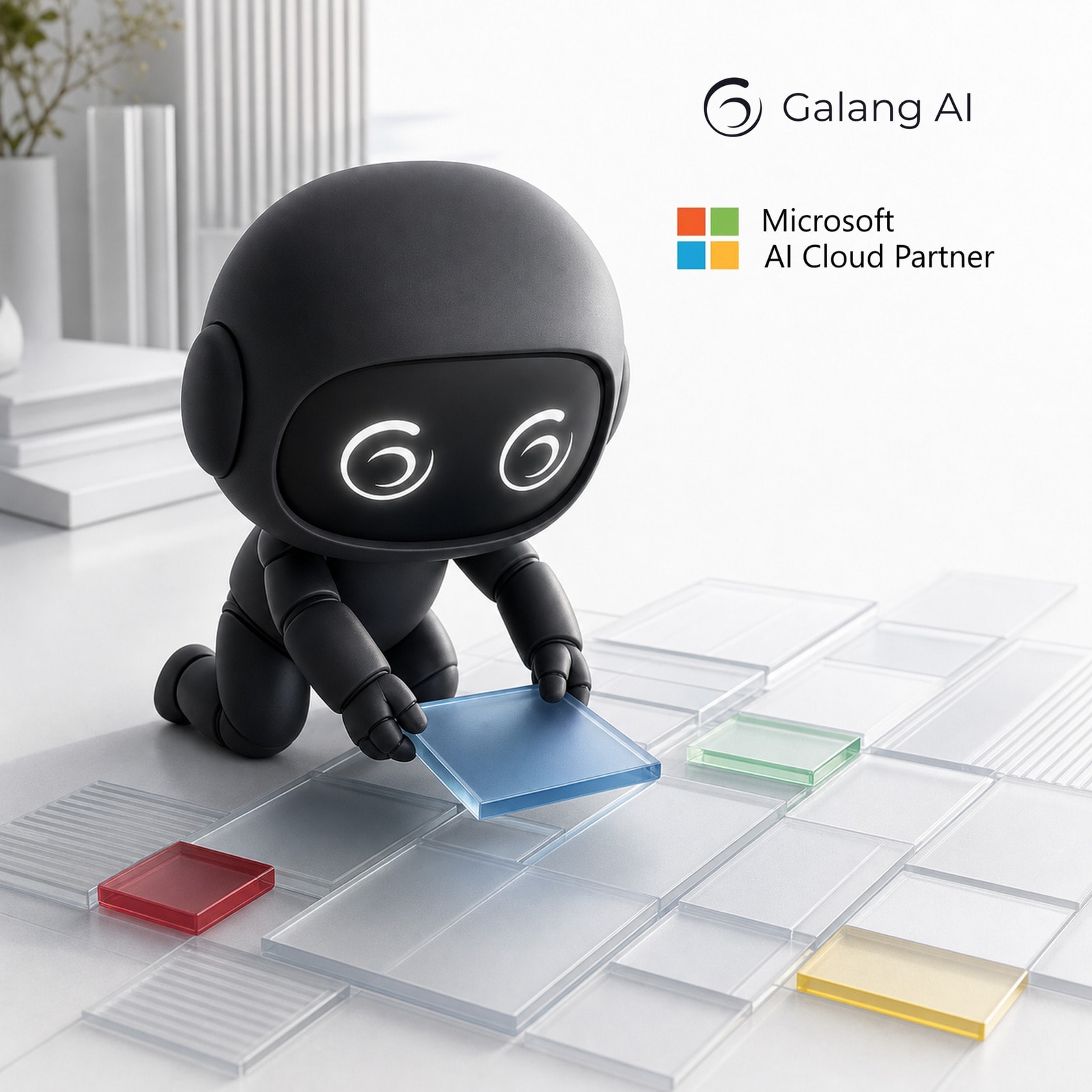 Jarbis assembling a modular AI and cloud architecture beside the Microsoft AI Cloud Partner and Galang AI marks