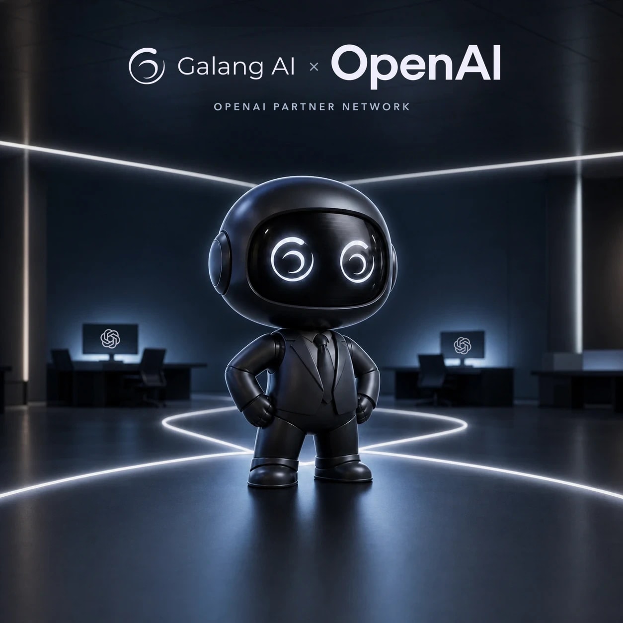 Jarbis, the Galang AI agent, standing at the center of a connected AI operations studio