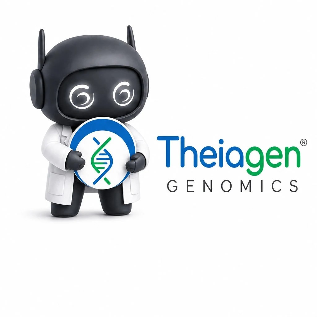 Galang AI mascot in a lab coat beside Theiagen Genomics branding