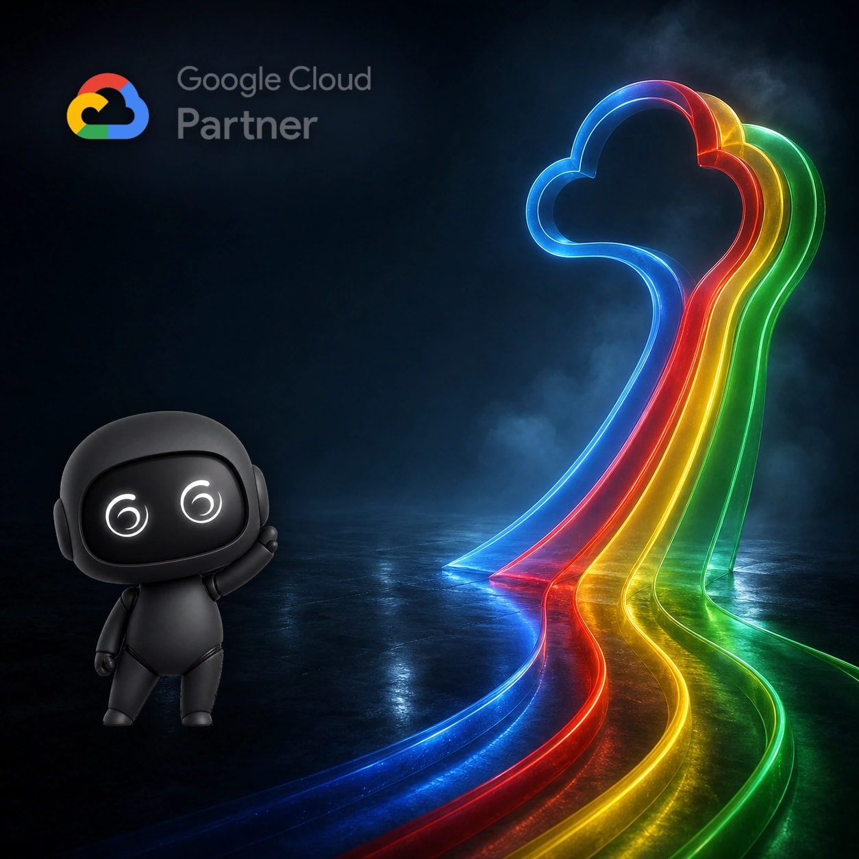 Jarbis beside the Google Cloud Partner logo as four Google-colored ribbons rise into a cloud