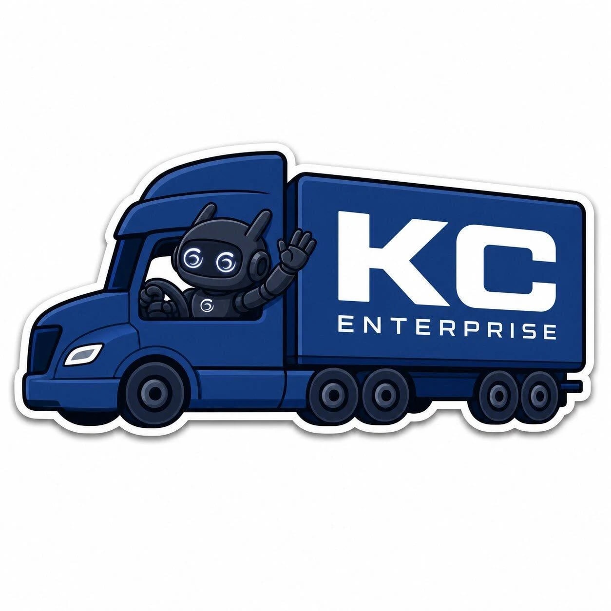 KC Enterprise truck illustration with a Galang AI mascot in the driver seat